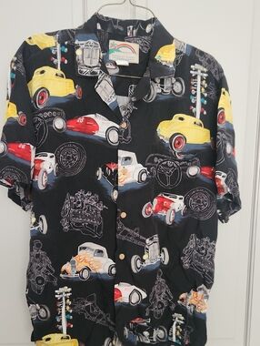 Paradise Found Men’s Black Short-Sleeve Hot Rod Print Button-Down Shirt